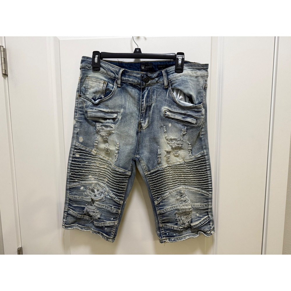 Waimea Mens Skinny Fit Moto Denim Shorts Light Wash Distressed Blue Size 34